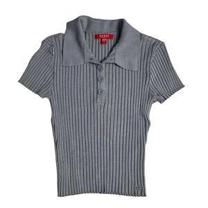 Sm Guess Ribbed Cropped Collared Shirt Periwinkle Blue Y2K Softgirl Preppy Retro